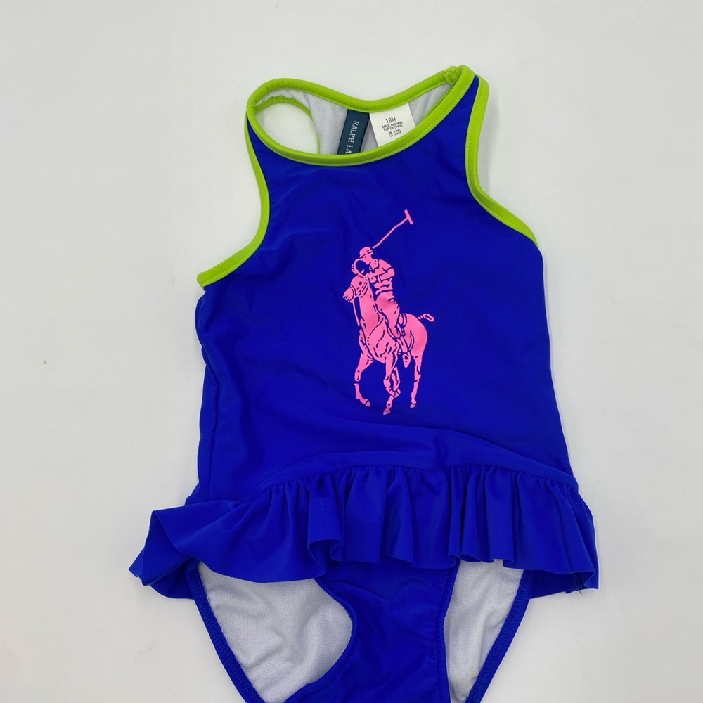 Brand New Ralph Lauren Blue and Pink One Piece Swimsuit with Ruffle 18M